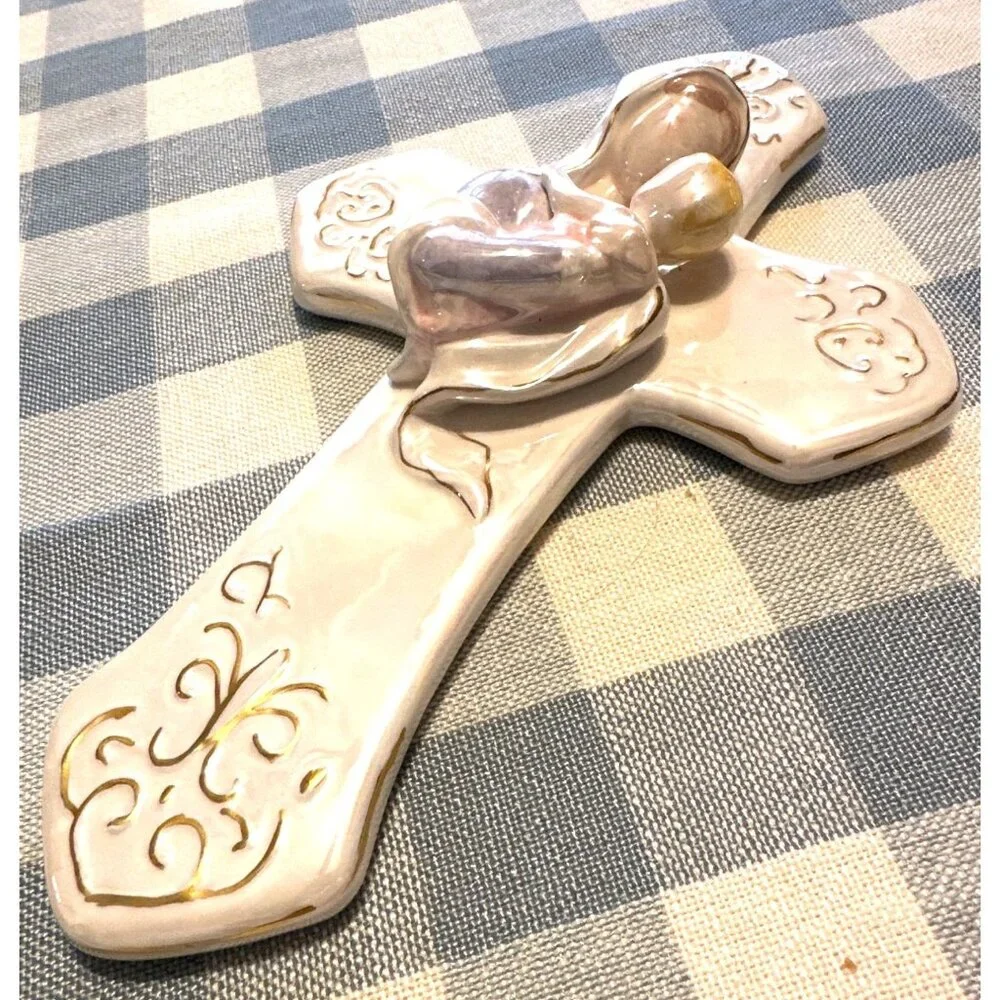 Vintage Iridescent Mother & Child Cross Wall Hanging Gold Accents 10" - Picture 6 of 7